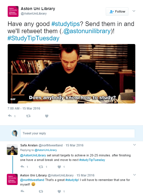creative Twitter ideas for businesses infographic_safia begum_Aston University Library hashtag example